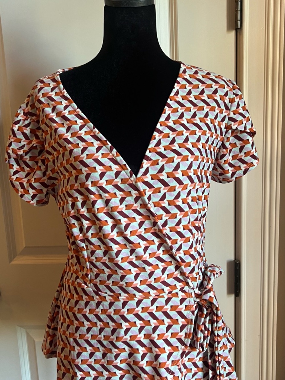 AUW Wrap Blouse in Rust, Teal & White Geometric Print
